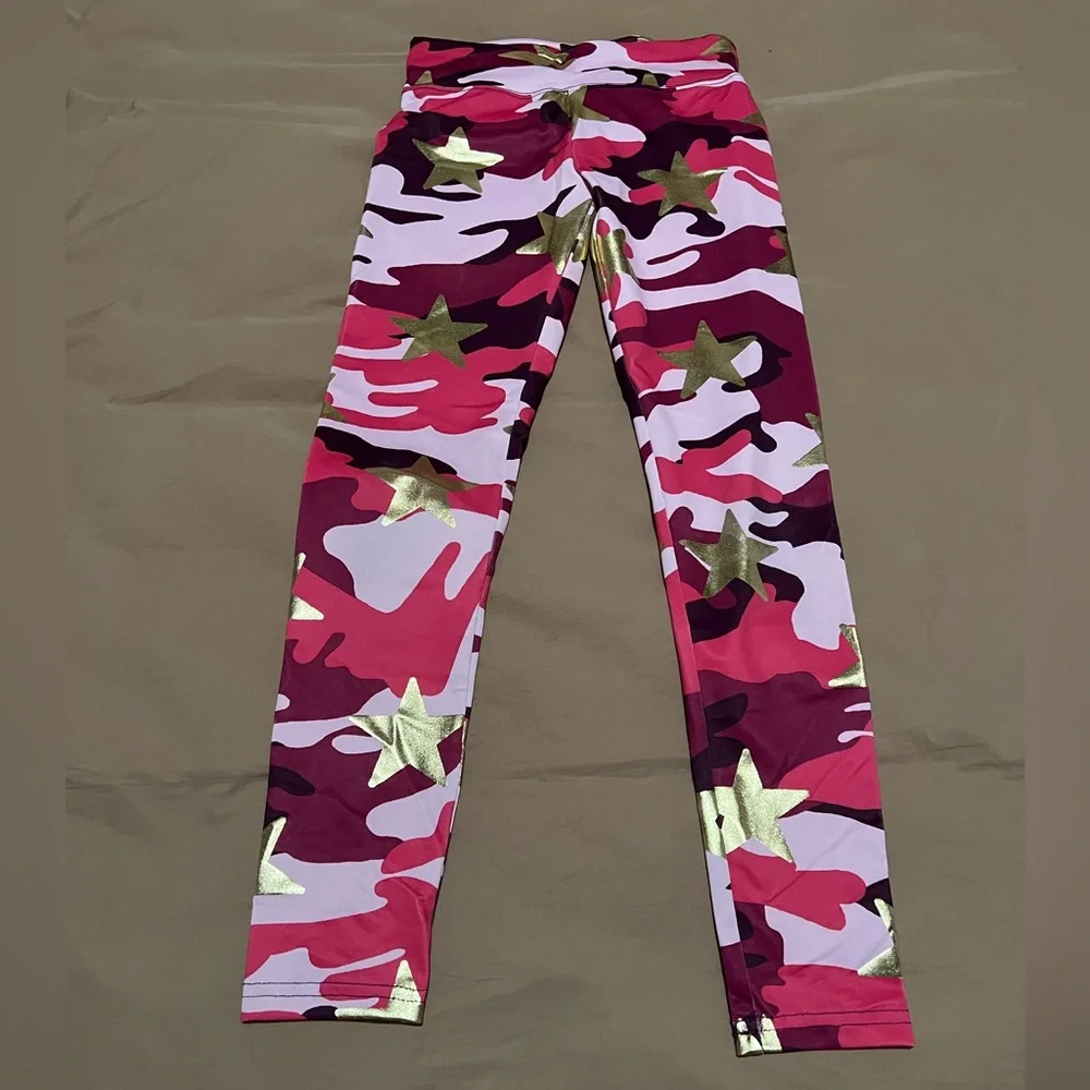 Justice Active Girls Pink Camo Gold Star Leggings Girls Size 10